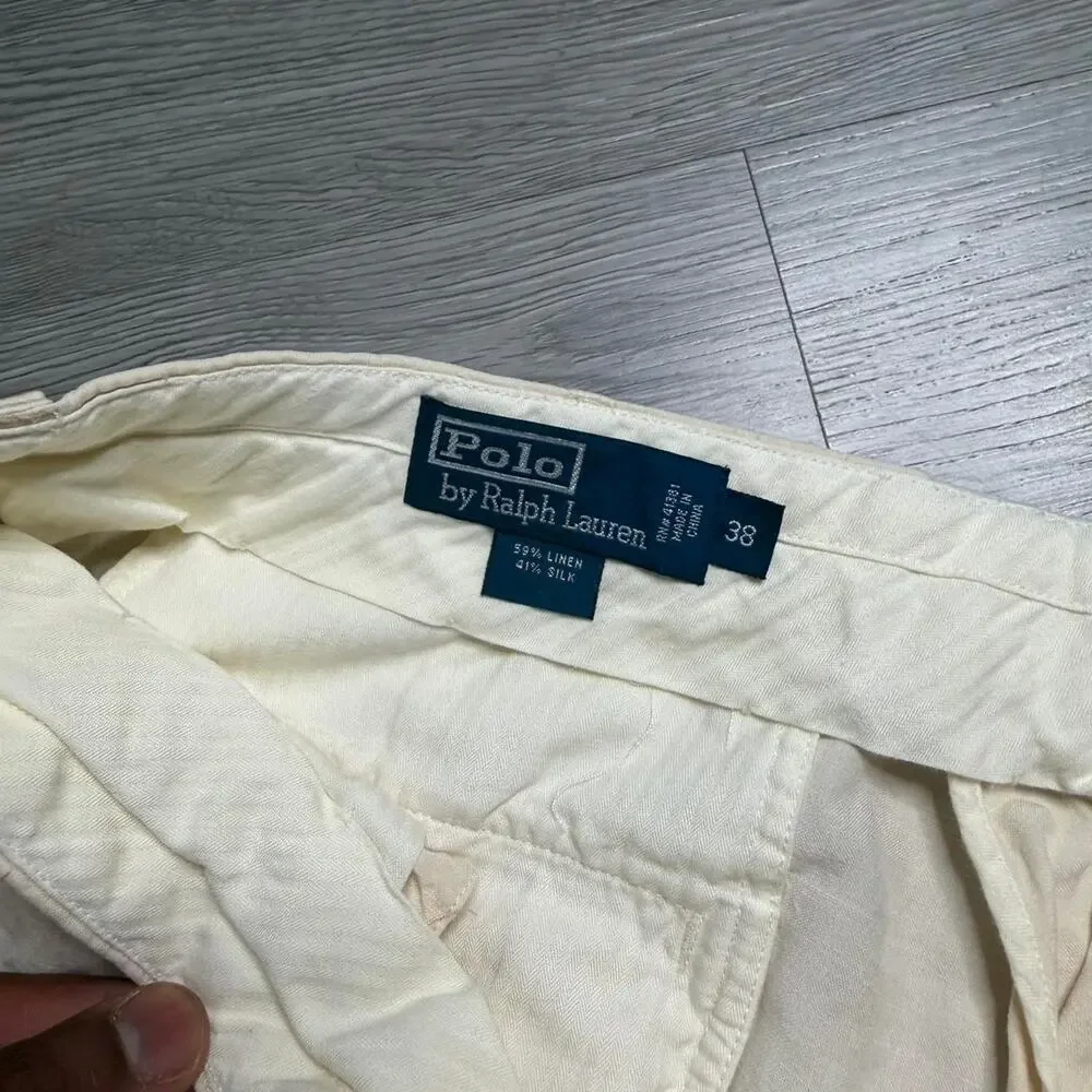 Vintage Y2K Polo Ralph Lauren Silk Linen Chino Pants Size 38 Beige Cream